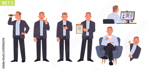 Businessman character set. Man manager in different poses and situations. Videoconference, person drinking tea