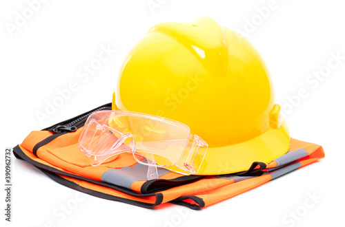 Glasses helmet and an orange shirt industry on a white background