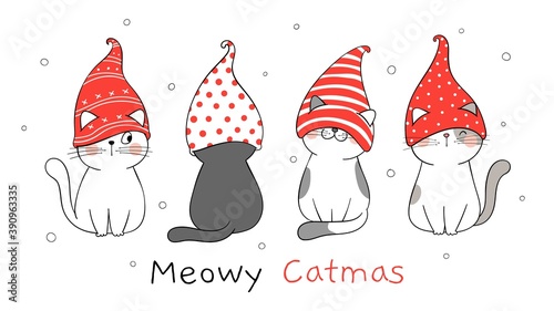 Draw banner cute cat with gnome hat For Christmas.