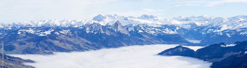 Sunshine over the fog sea on the Rigi Klum snow mountain in winter season, Swiss Alps, Switzerland (large stitched file)