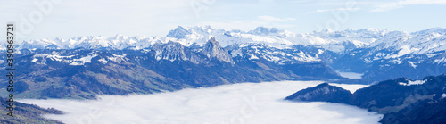 Sunshine over the fog sea on the Rigi Klum snow mountain in winter season, Swiss Alps, Switzerland (large stitched file)