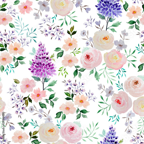 Botanical watercolor seamless pattern. Flowers, roses, magnolias, lilacs, apple trees, cherries, sakura, buds, inflorescences, leaves, twigs. The illustration is hand-drawn with paints. Textile design