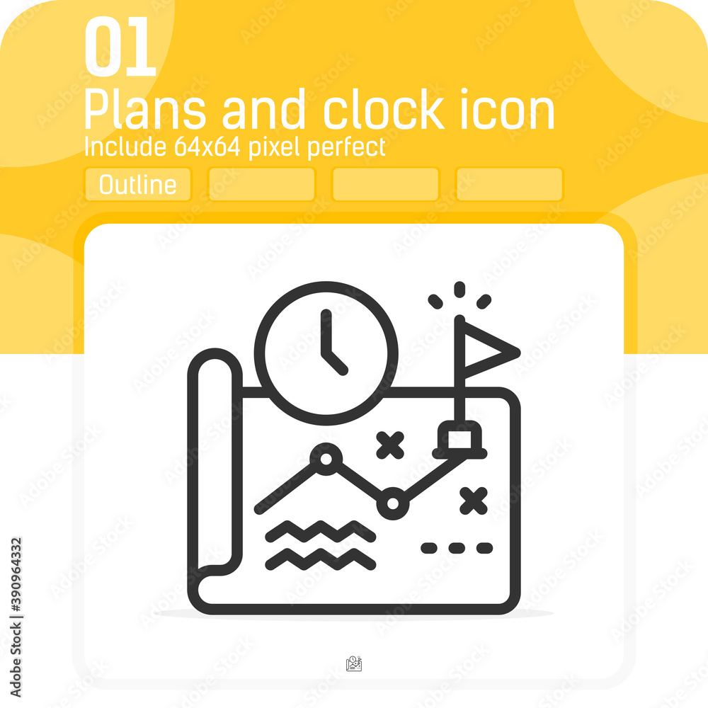 Plans and clock premium icon with outline style isolated on white background. Line vector illustration sign symbol pixel aligned icon concept for professional, business and project. Editable stroke