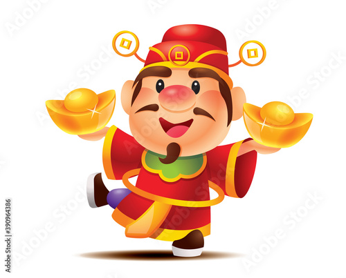 Chinese new year. Cartoon cute God of wealth holding two big gold ingot, with one leg kicking photo