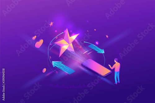 Feedback concept with 3d isometric star icon, customer rate product, client satisfaction survey, people review quality of service, purple vector illustration