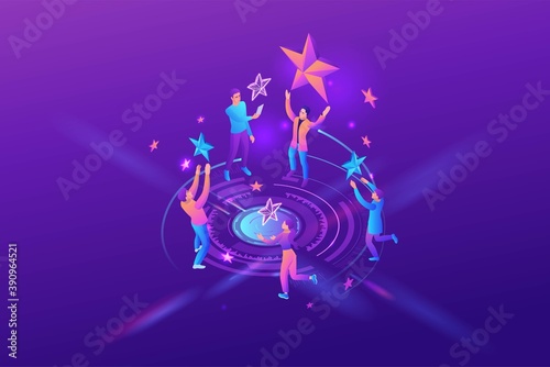 Feedback concept with 3d isometric star icon, customer rate product, client satisfaction survey, people review quality of service, purple vector illustration