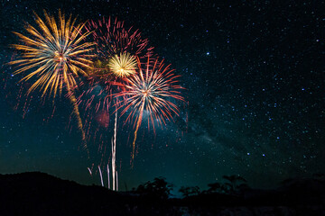 Colorful of fireworks display on milkyway in night sky background.