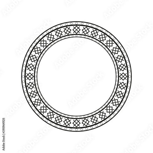 Circle with decorative ornament. Round frame. Black and white vector illustration.