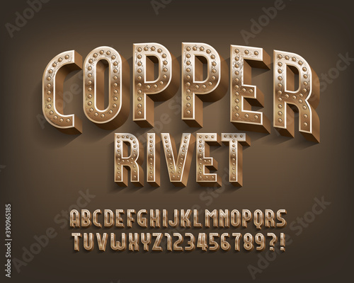 Copper Rivet alphabet font. Steampunk threadbare letters and numbers. Stock vector typescript for your design.