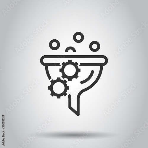 Filter icon in flat style. Funnel vector illustration on white isolated background. Chemical cone business concept.