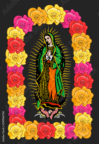 Virgin of Guadalupe, color Roses  Isolated Vector illustration.