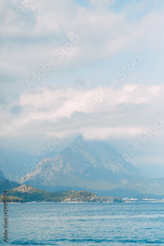 Beautiful Turkish coast with blue sea. Light landscape with a minimalistic style.