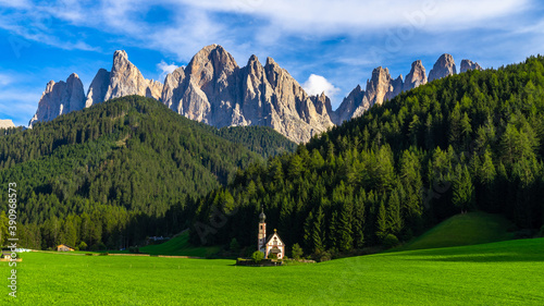 St Johann Church, Santa Maddalena, Church in Santa Maddalena village, Village in the Dolomites mountain peaks in St. Magdalena or Santa Maddalena with characteristic church, South Tyrol, Italy