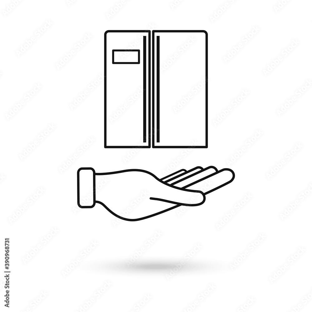 Hand holding Traditional top freezer refrigerator or fridge line art vector icon. Vector Illustration Hand holding Traditional top freezer refrigerator or fridge line art vector icon. Vector Illustration