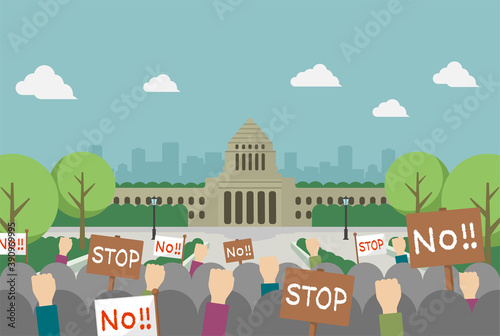 日本の国会議事堂と抗議デモ　ベクターイラスト
