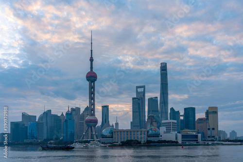 Sunrise view of Lujiazui, the financial district in Shanghai, China, on a cloudy day.