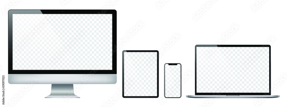 Realistic set of 2020 new design thin frame Computer monitor, laptop, tablet, smart phone - Eps 10 Vector template mock up. Realistic set of 2020 new design thin frame Computer monitor, laptop, tablet, smart phone - Eps 10 Vector template mock up.