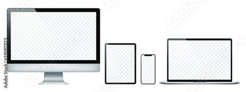 Realistic set of 2020 new design thin frame Computer monitor, laptop, tablet, smart phone - Eps 10 Vector template mock up.
