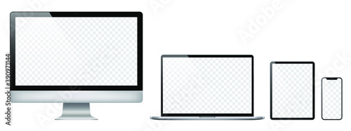 Realistic set of 2020 new design thin frame Computer monitor, laptop, tablet, smart phone - Eps 10 Vector template mock up.