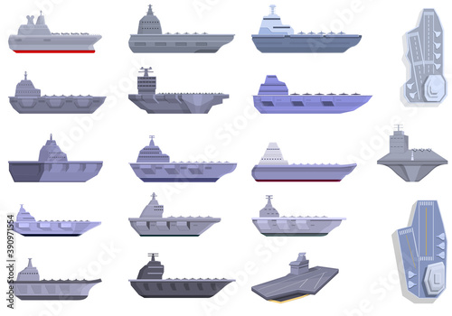 Aircraft carrier icons set. Cartoon set of aircraft carrier vector icons for web design