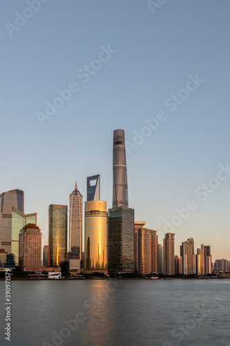 Sunset view of Lujiazui, the financial district in Shanghai, China.