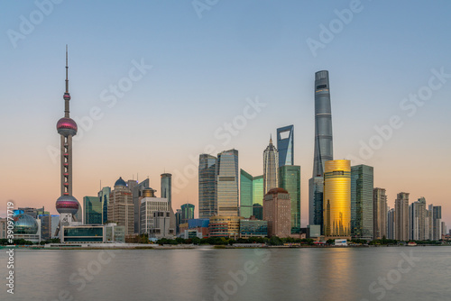 Sunset view of Lujiazui, the financial district in Shanghai, China.