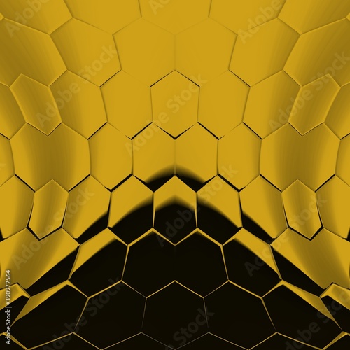 black background with strong gold geometric hexagonal mosaic designs and patterns © john