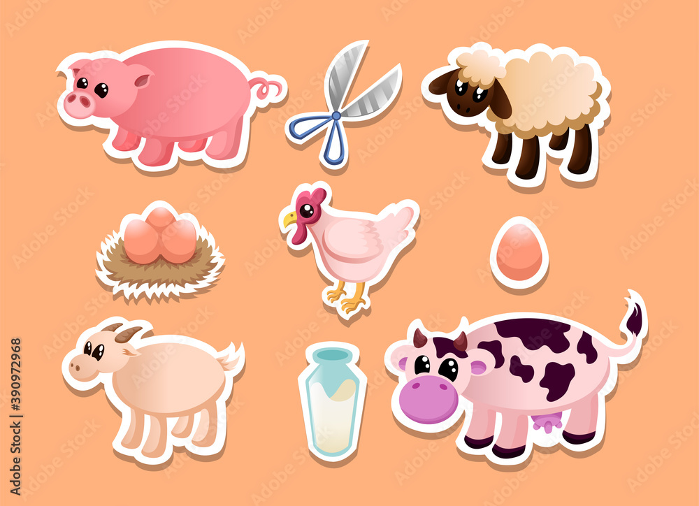 Set of cute livestock vector sticker with 9 various graphic assets