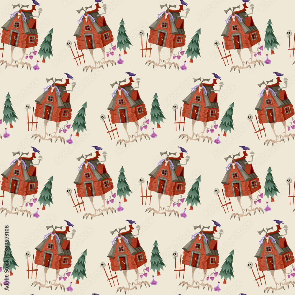 Baba Yaga House .Old witch from Slavic folklore. Fairytale  hut standing on chicken legs. Seamless background pattern. Vector illustration
