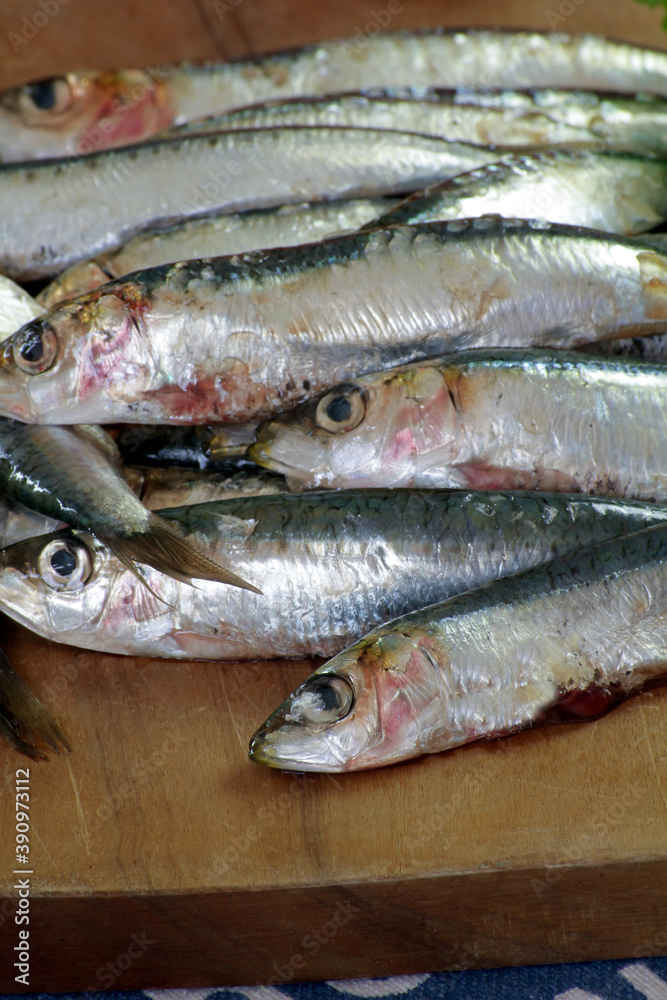 sardines fraîches sur une planche à découper