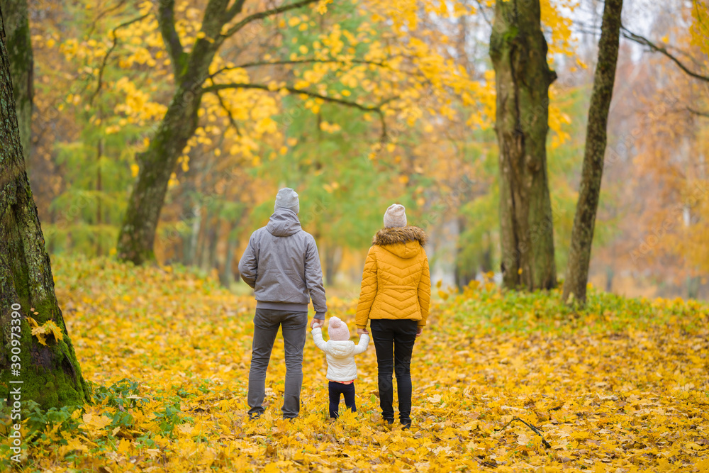 Young adult mother,father and baby girl walking on yellow fallen leaves in forest. Golden autumn. Spending time together in beautiful day. Enjoying peaceful stroll. Back view. Young adult mother,father and baby girl walking on yellow fallen leaves in forest. Golden autumn. Spending time together in beautiful day. Enjoying peaceful stroll. Back view.