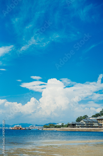 Beautiful blue sky with amazing cloud formation above japanese seashore