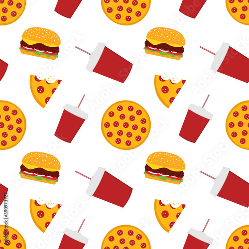 Pepperoni pizza, cheeseburger and soft drink vector seamless pattern background. Fast food delievery pattern.
