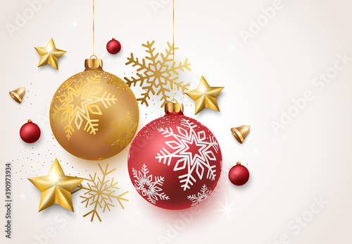 Merry christmas and happy new year banner with red and gold balls and confetti