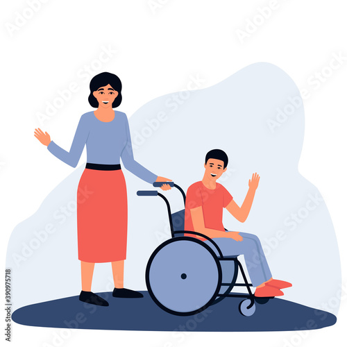 Mom on a walk with her disabled son. Boy in a wheelchair. The concept of an accessible environment for people with disabilities. Flat vector illustration.