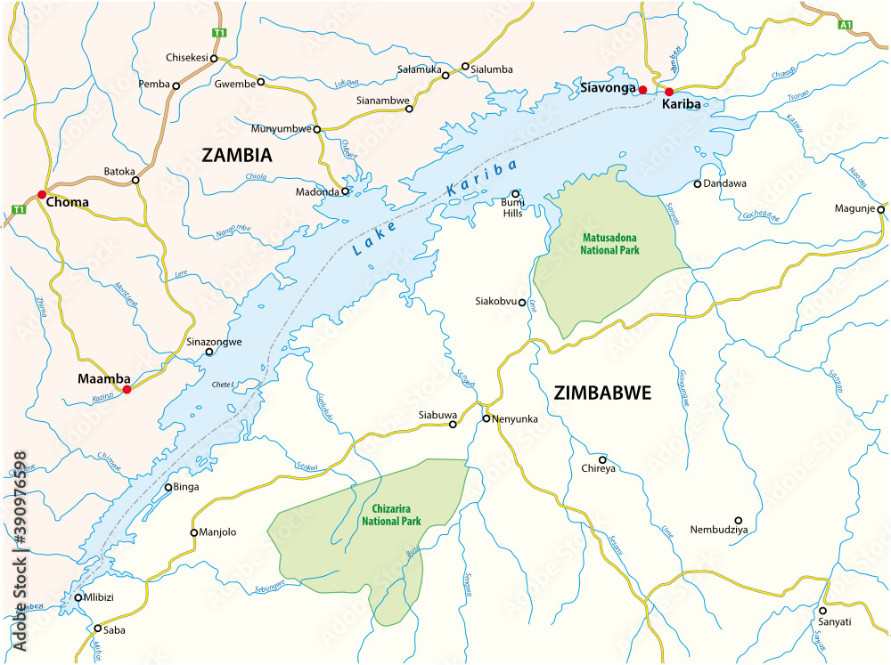 vector map of african lake kariba, zambia, zimbabwe