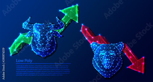 Stock market trend, bull stock with bull head and bear head and arrow stroke weight editable. Tech low poly polygonal background.