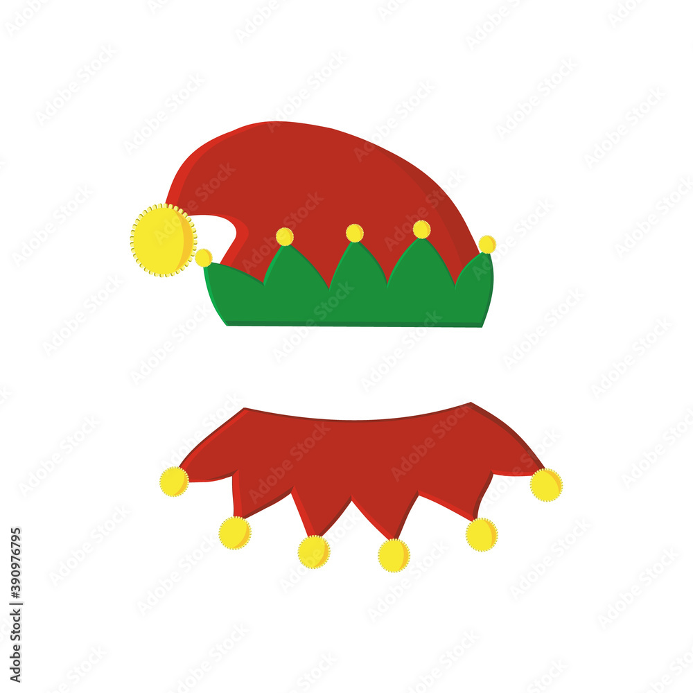 Christmas elf costume hat and collar with bells, color isolated