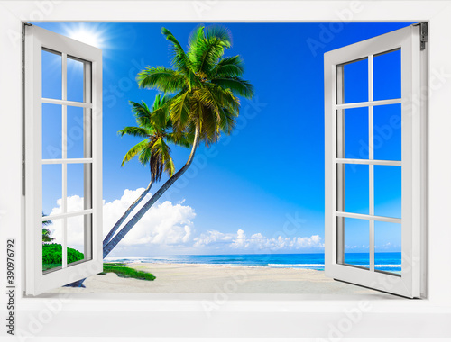 view from an open window to a tropical landscape.