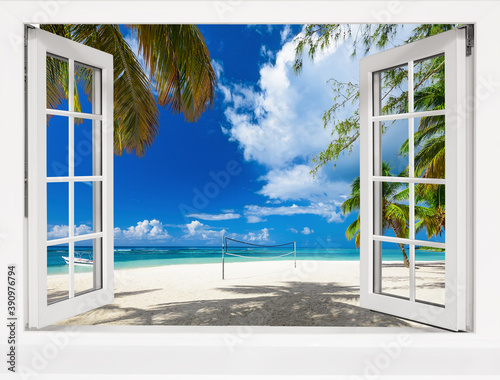 view from an open window to a tropical landscape.