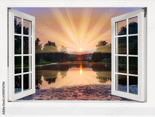 view from the open window at the sea sunset