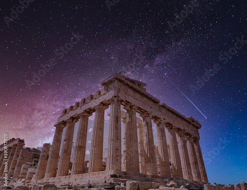 Parthenon ancient temple under dramatic starry sky, Athens Greece