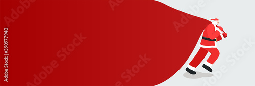 Christmas background with Santa Claus character pulling heavy sack of gifts. Delivery christmas gifts. Merry christmas and happy new year banner in trendy modern style with place for text
