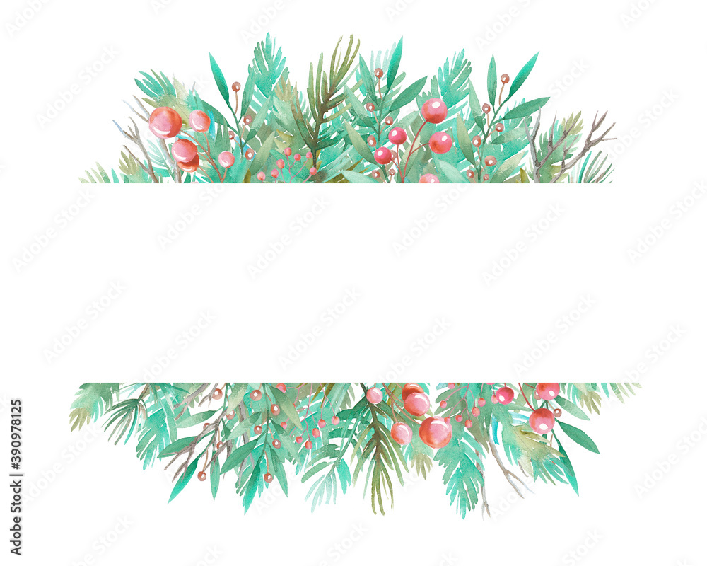 Watercolor illustration of fir and pine branches, berries, dry branches on a white background. Rectangular space for text.