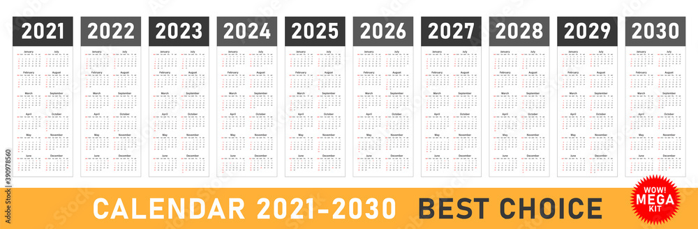 Fototapeta Mega calendar on 2021, 2022, 2023, 2024, 2025, 2026, 2027