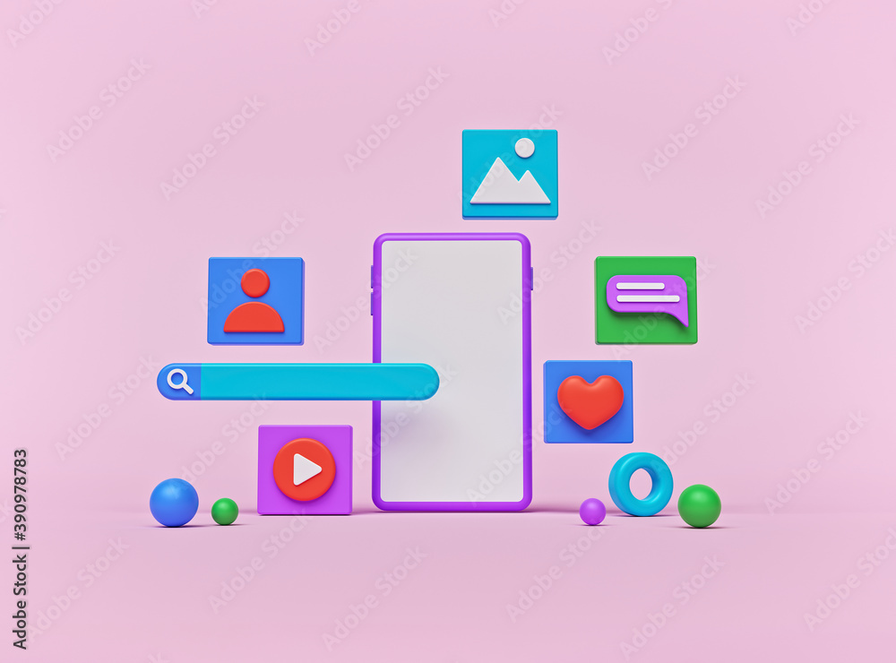 smartphone with social media icons. minimal technology concept. 3d rendering smartphone with social media icons. minimal technology concept. 3d rendering