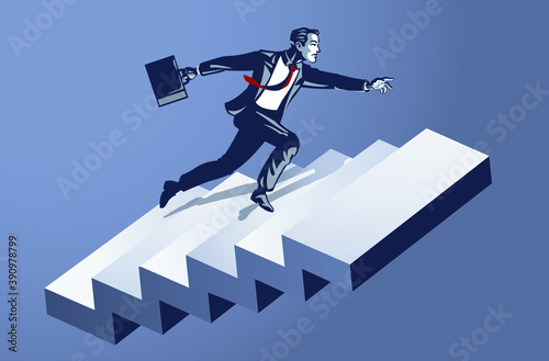 Businessman Runs Up Stair Blue Collar Illustration Concept