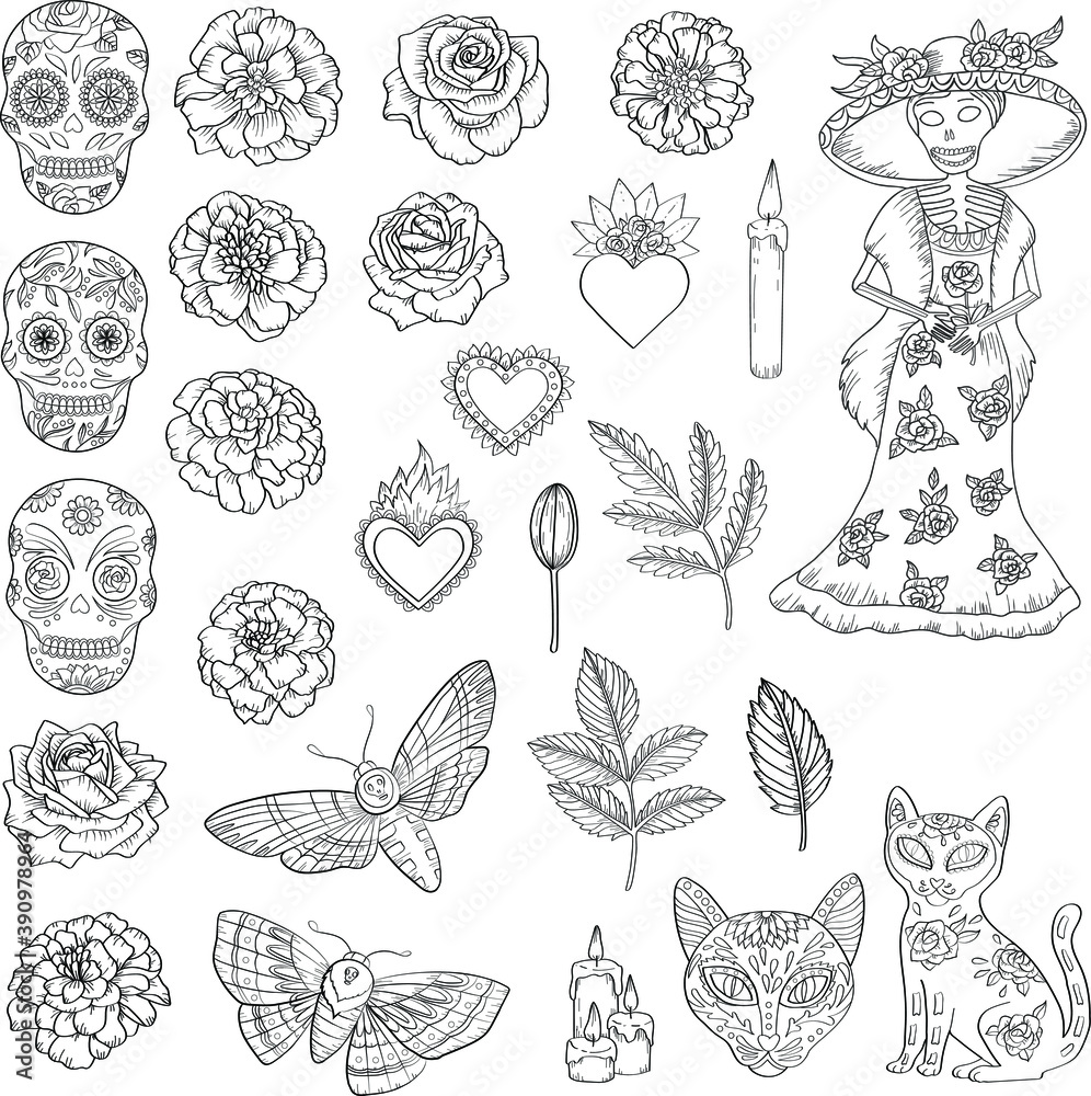 Day of the dead elements set. Black outline style, line art for coloring page