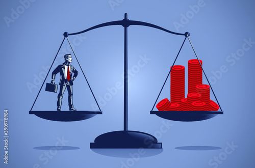 Businessman Weighs Equal to Lots of Valuable Coins Money Blue Collar Illustration Concept