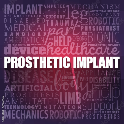 Prosthetic implant word cloud collage, medical concept background